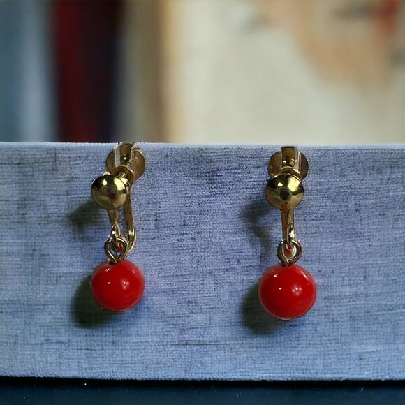 Vintage Jewelry - Vintage Red and Gold-Tone Clip-On Bead Drop Earrings